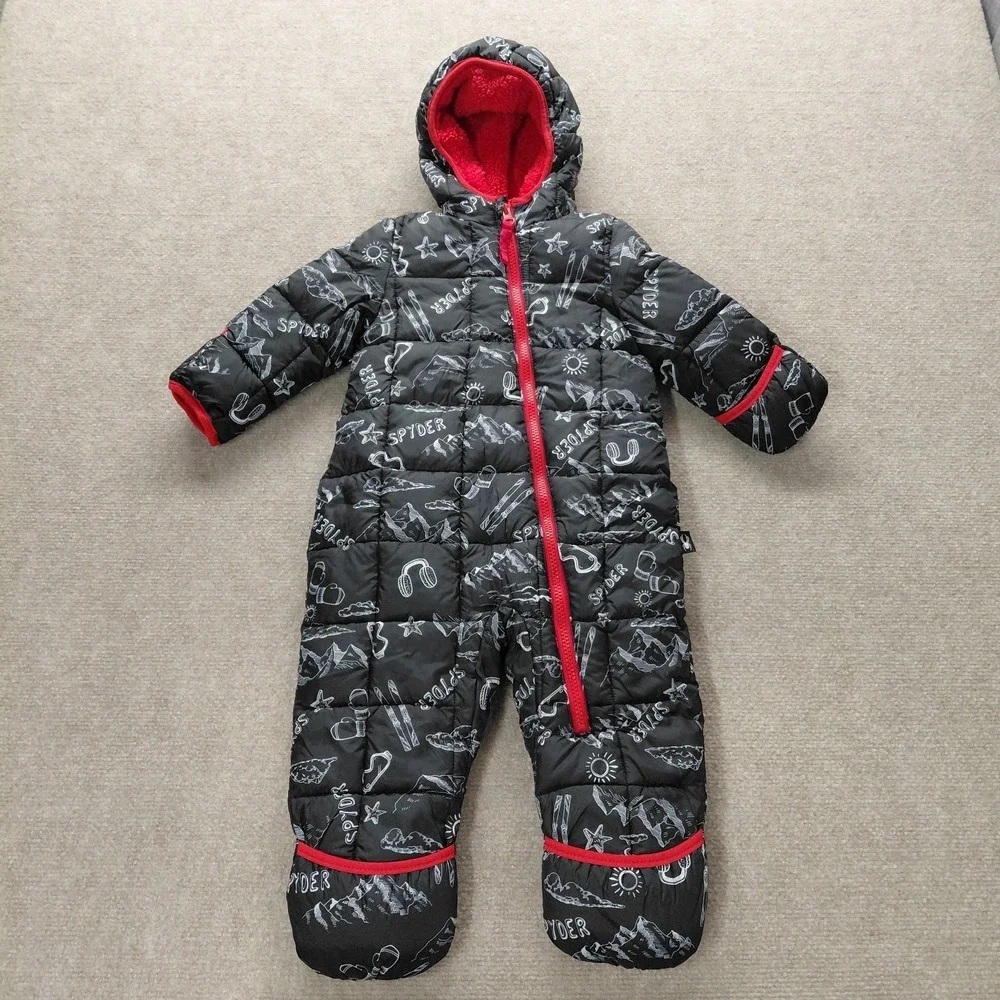 Spyder Snowsuit Bunting 18 M Boy Girl Black Ski AOP Print Full Zip Fleece Lined